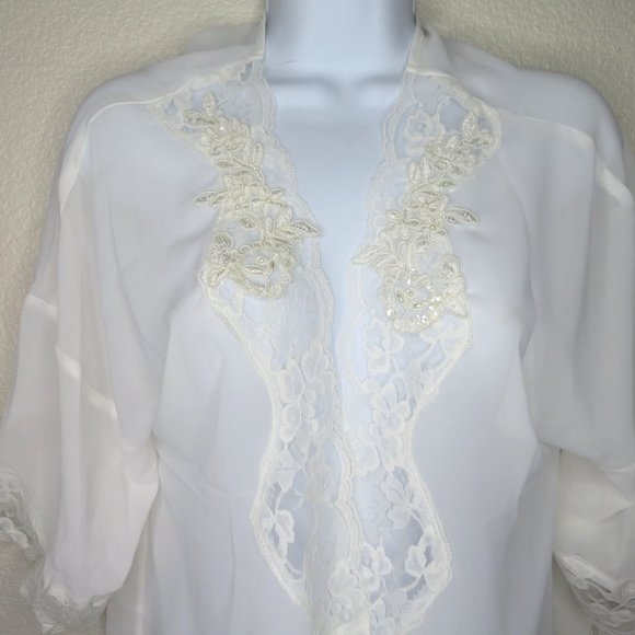 Linea Donatella Sheer Chiffon Open Front Robe S/M White Lace Pearls Knee Length - Picture 4 of 16